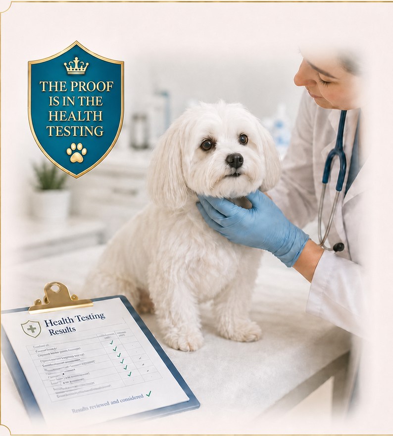 An adult Maltese being examined by a veterinarian beside a clipboard of health-testing results