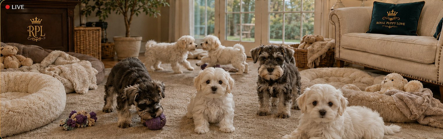 Royal Puppy Love Maltese and Miniature Schnauzer puppies playing together in the Puppy Cam room