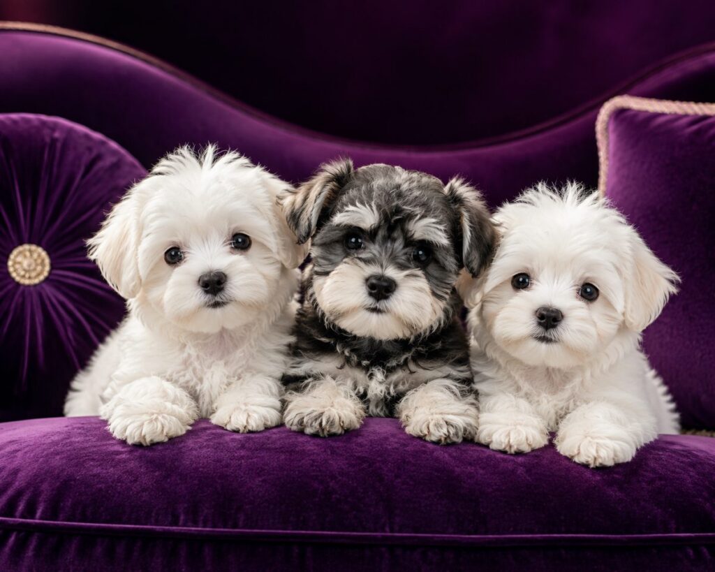 Three Royal Puppy Love Maltese and Miniature Schnauzer puppies on a purple velvet sofa